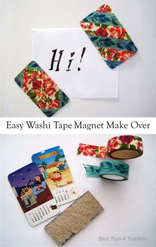 Easy Washi Tape Magnet Make Over, day 2 of 60 Day Junk Play Challenge - easy craft kids can do!