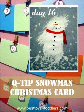 Q-tip snowman Christmas Card - Day 16 in Blank Christmas Cards Advent Countdown with Kids