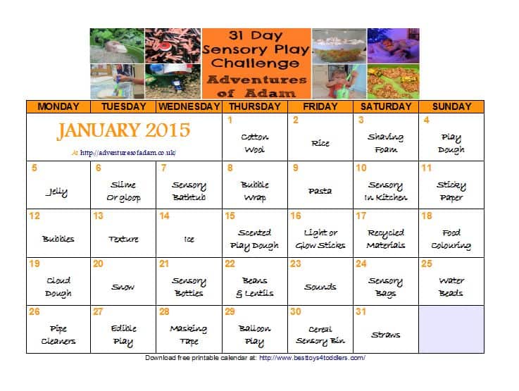 31 Day Sensory Play Chalenge Calendar - January 2015. Join in and have bunch of sensory fun with your kids!