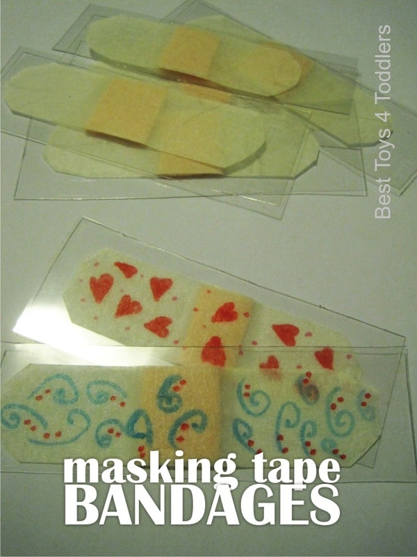 DIY Masking Tape Bandages - vet office pretend play where kids decorate their own bandages