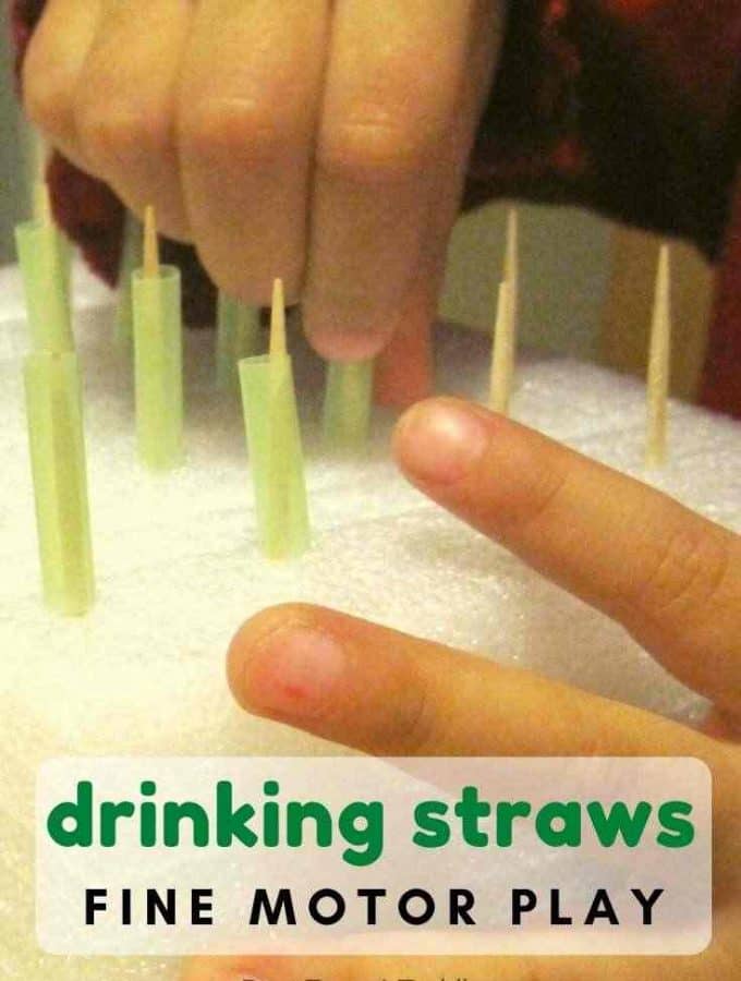 Fine motor practice with drinking straws. Simple activity for toddlers and preschoolers.