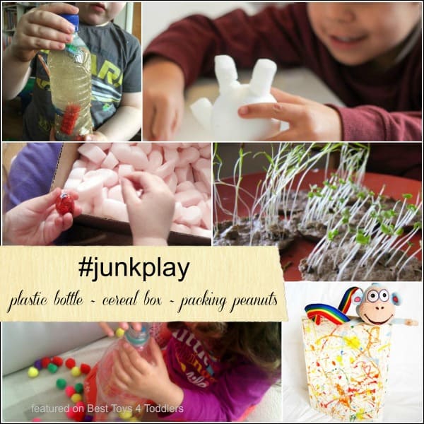 #junkplay with plastic bottles, cereal boxes and packing peanuts - upcycling things from recycle bin for play