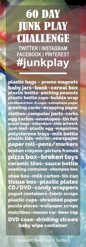60 Day Junk Play Challenge - list of 60 materials from recycle bin that will be used during #junkplay challenge in March and April