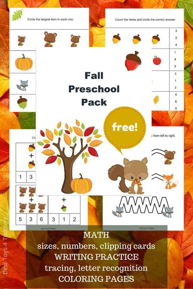 Free Fall Pack for Preschoolers - math practice (counting, clipping cards, sizing), letter recognition, tracing, coloring pages
