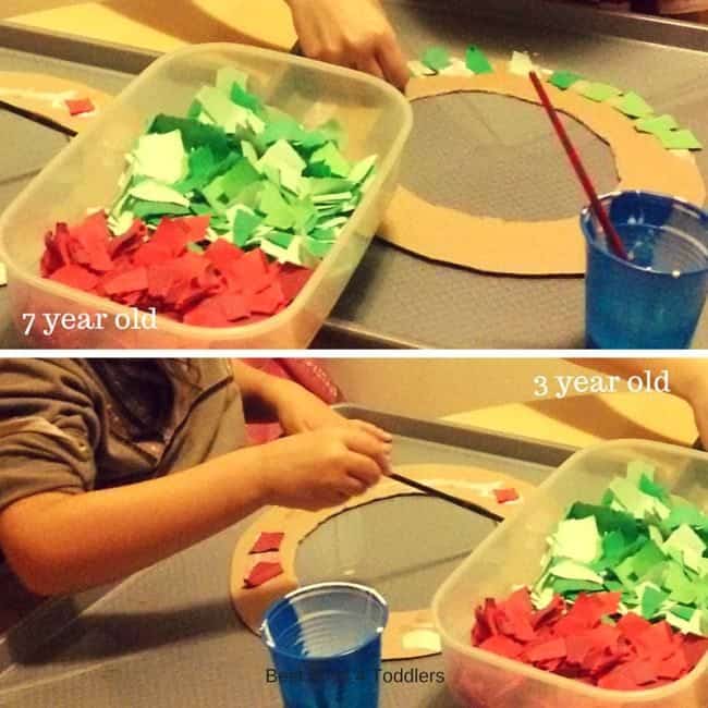 collage Christmas wreath with green and red pieces of paper, perfect fine motor skill practice combined with art