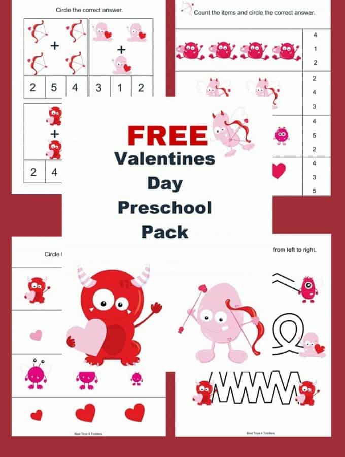 Free printable Valentine's day pack with sizing, counting, prewriting, coloring and other fun activities for toddlers and preschoolers will enjoy.