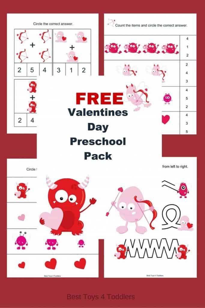 Free printable Valentine's day pack with sizing, counting, prewriting, coloring and other fun activities for toddlers and preschoolers will enjoy. 