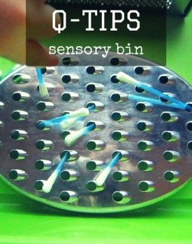 Simple to prepare sensory bins with Q-tips and common kitchen utensils will help toddlers and preschoolers work on their fine motor skills.