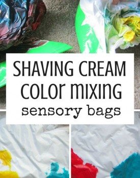 Best Toys 4 Toddlers - Mess-free way to teach about mixing colors - use sensor bags with shaving foam!