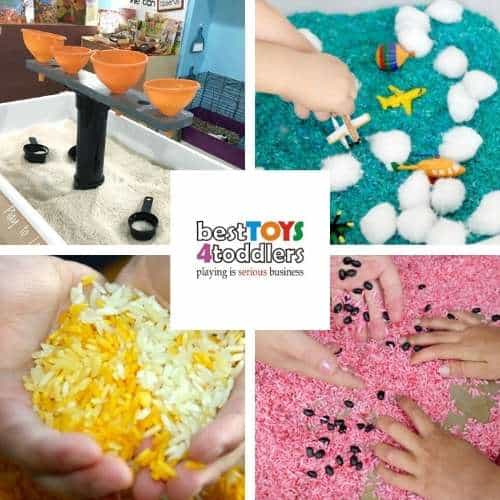 rice sensory tub ideas - rice table with funnels, airplane sensory bin, lemon scented and watermelon sensory bin