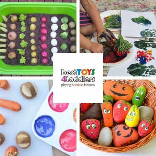 gardening activities for preschoolers - farming sensory bin, painting with broccoli, stamping with vegetables, rock veggies