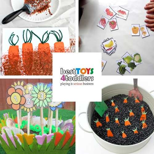 learn about fruits and vegetables with play - muddy carrots, vegetable sorting activity, flower number garden, digging sight words with carrots