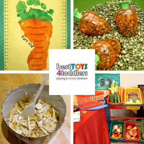 play ideas in the garden - footprint carrot, peas and carrots sensory bin, veggie peel sensory play, vegetable stand