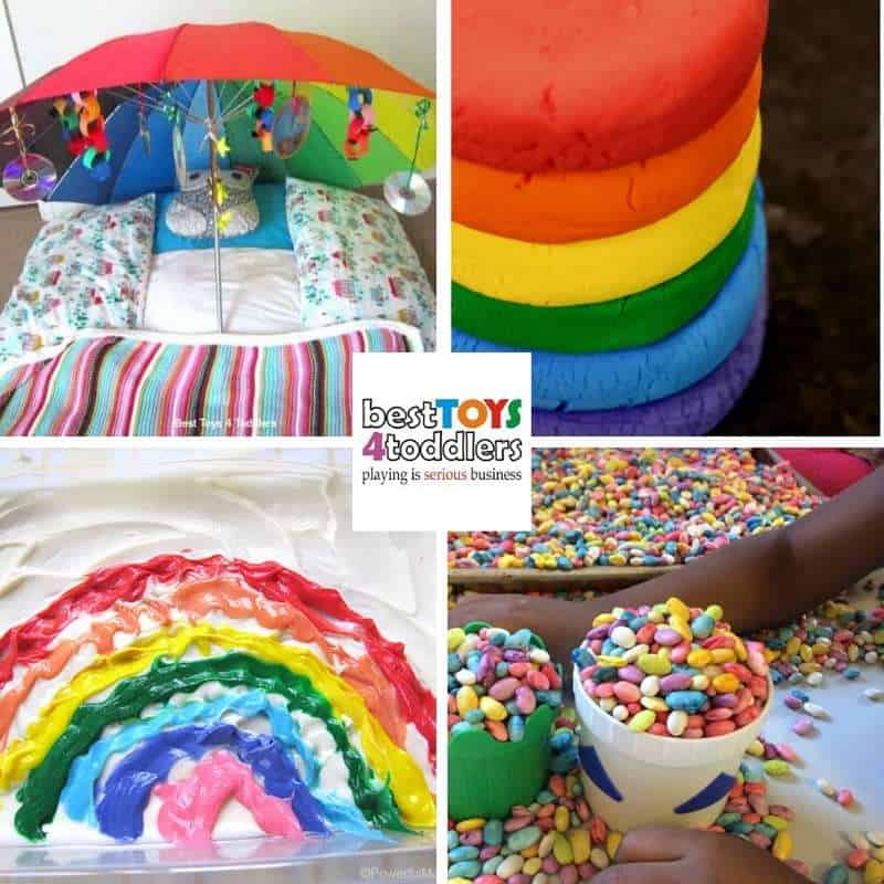 rainbow sensory activities for kids - rainbow umbrella, rainbow soda dough, taste safe rainbow, scented rainbow beans