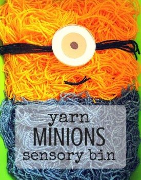 Best Toys 4 Toddlers - Yarn Minions Sensory Bin - fun sensory play with fine motor skill practice