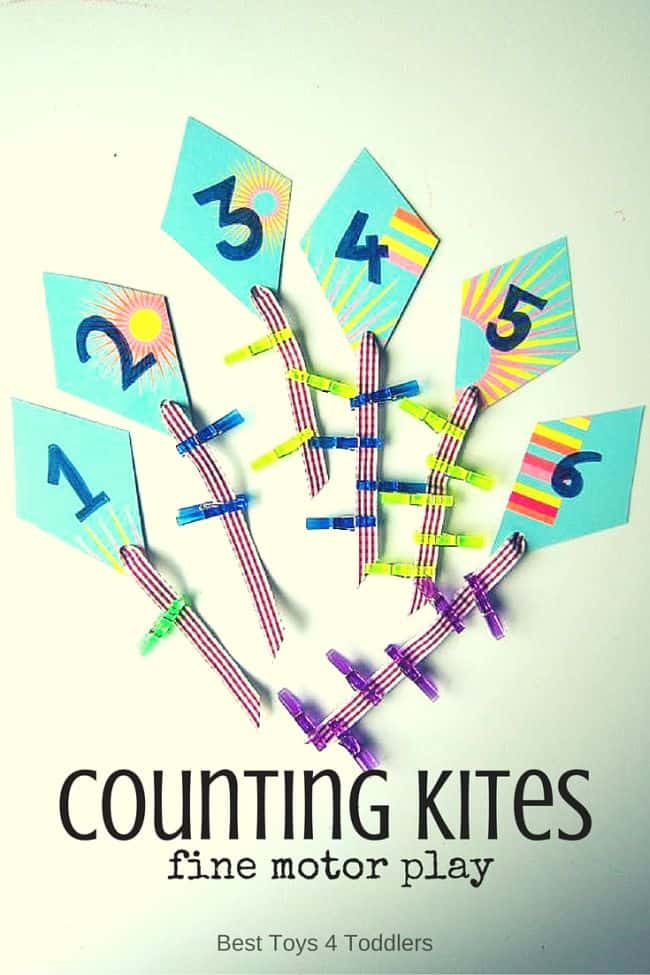 Best Toys 4 Toddlers - Simple to prepare math activity for toddlers and preschoolers to practice counting and fine motor skills as they clip pegs on kites!