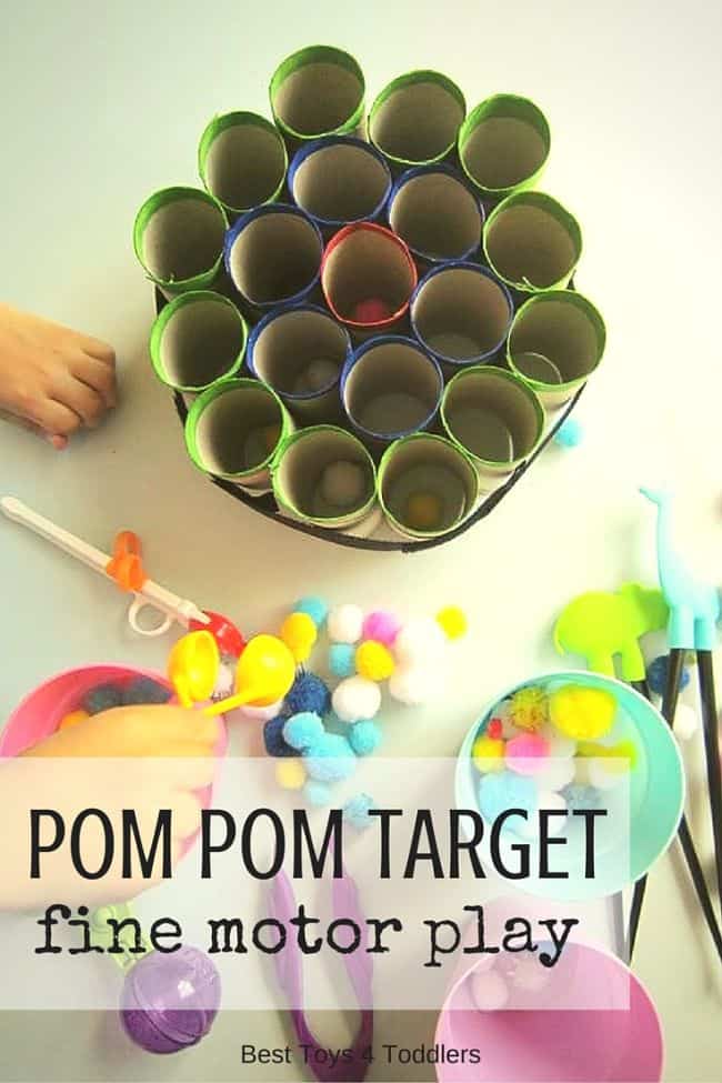 Best Toys 4 Toddlers - Simple fine motor play with pom pom target made of paper rolls