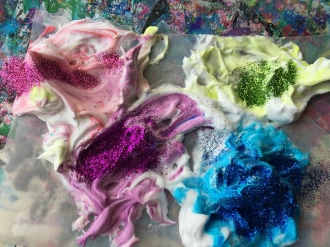 mixing glitter and matching the color of the shaving cream