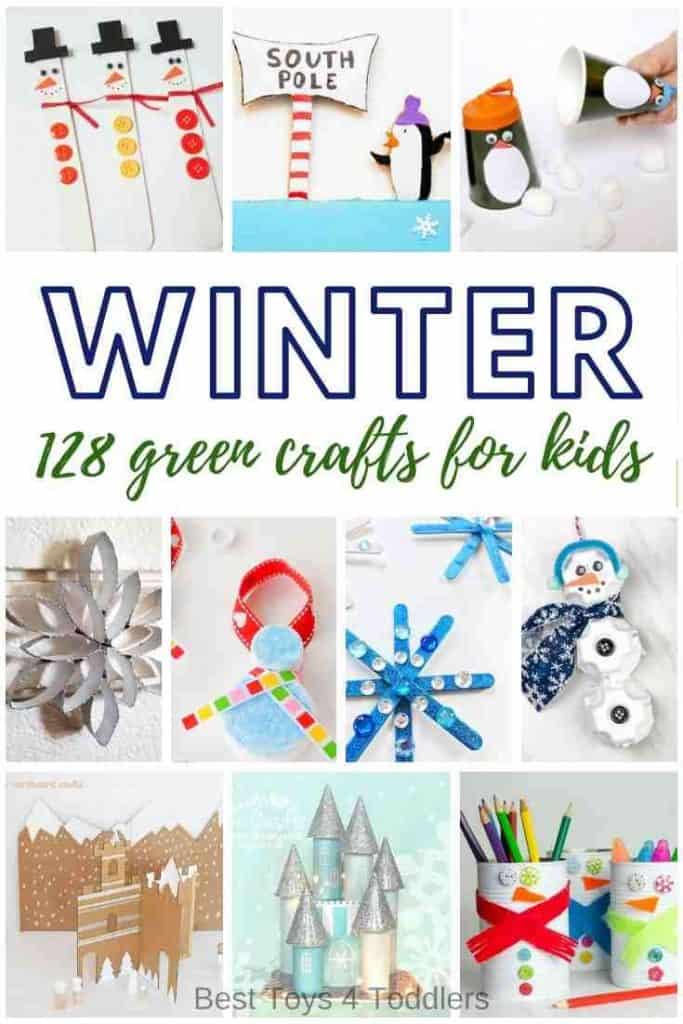 128 green winter crafts to make with your kids. Raid your recycle bin and prepare to upcycle paper rolls, old newspapers and magazines, cardboard and shoe boxes, plastic bottles and caps, tin cans, mason and baby jars, and so much more! #recycle #upcycle #repurpose #wintercrafts #craftsforkids #snowman #penguin #besttoys4tots  #snowflake #arcticanimals #polaranimals