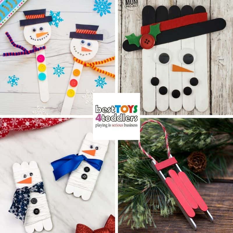 recycled popsicle stick winter crafts for kids - snowmen, sledge