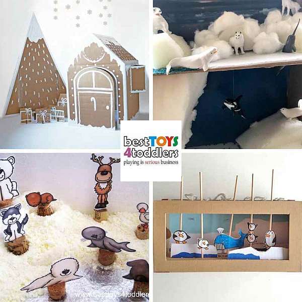 recycled winter crafts - winter wonderland, arctic animals diorama, arctic animal small world, shoe box theater