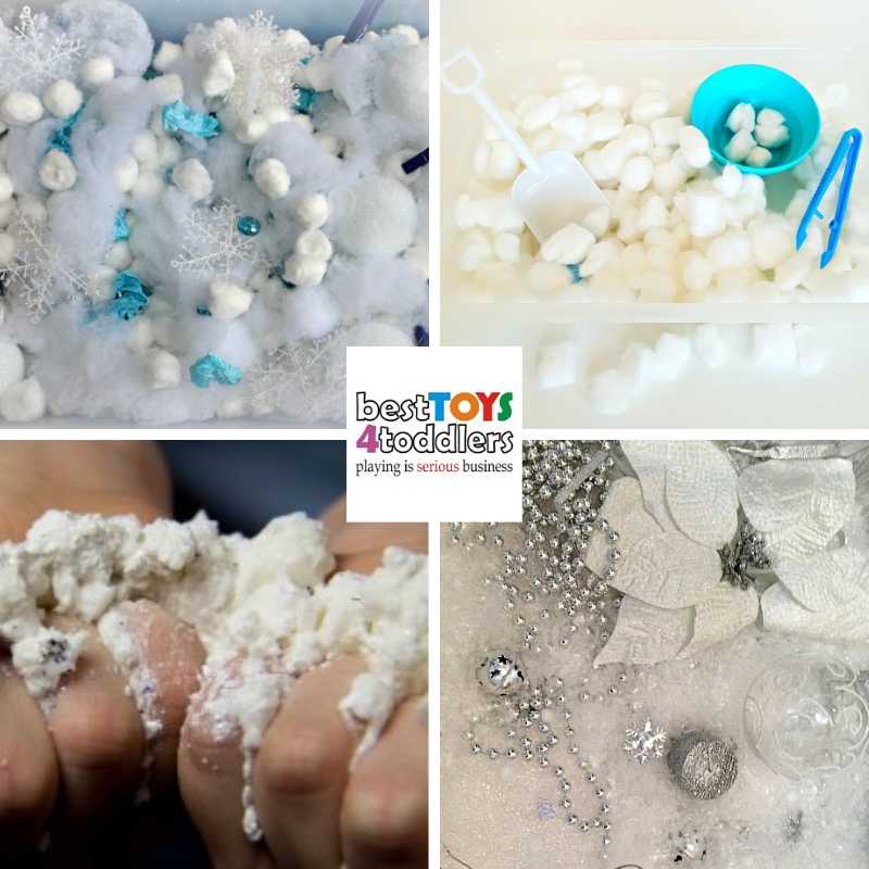 explore winter with sensory bins - awesome for language development, fine motor skills and more - Pretend Snow Sensory Bin, Winter Sensory Bin, Snow Gel Sensory Bin, Winter Wonderland Sensory Bin
