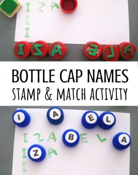 Recycled bottle cap letters - stamp and match name recognition activity for toddlers and preschoolers