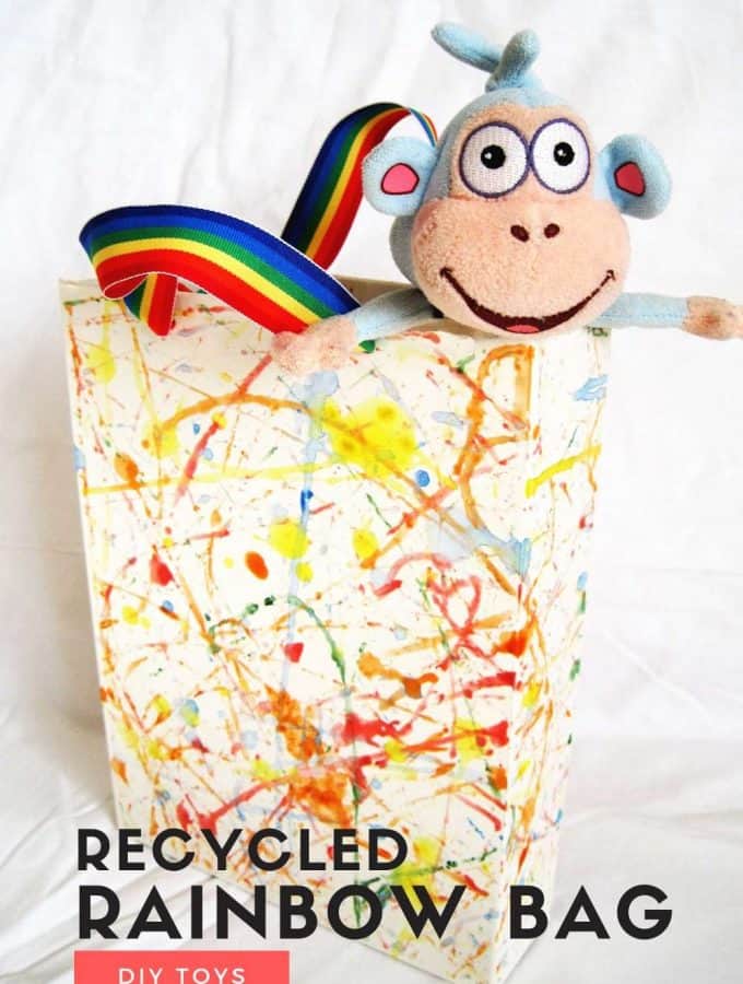 Recycled DIY toy from cereal box - take a stroll around with your favorite plush toy in your new rainbow purse!