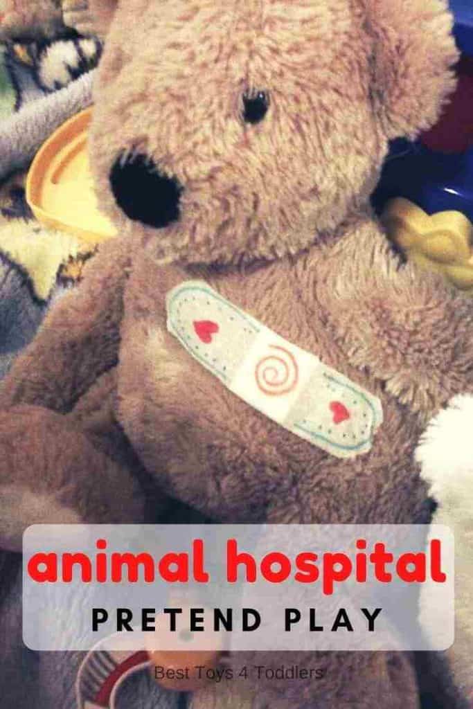 An Animal Hospital pretend play activity with favorite plushies + way to make your own bandages #DIYtoys #homemadetoys #pretendplay #plushies #plushanimals #animalhospital #toddleractivity