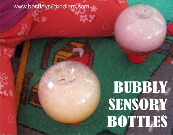 sensory bottles filled with bath gel and bubbles