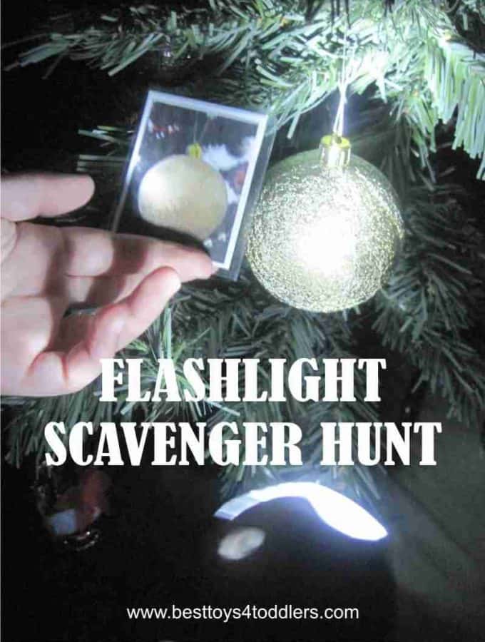 Flashlight Scavenger Hunt for kids, we used Christmas tree but there are several alternatives mentioned in post!