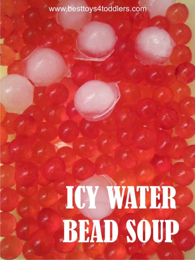 Icy water bead soup - sensory play with a science experiment on the side. #sensoryplay #waterbeads #STEM #science #iceplay #pretendplay