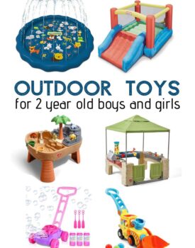 Selection of the best outdoor toys for 2 year old boys and girls and older kids. Perfect for play on the patio or in backyard during spring, summer and early fall.
